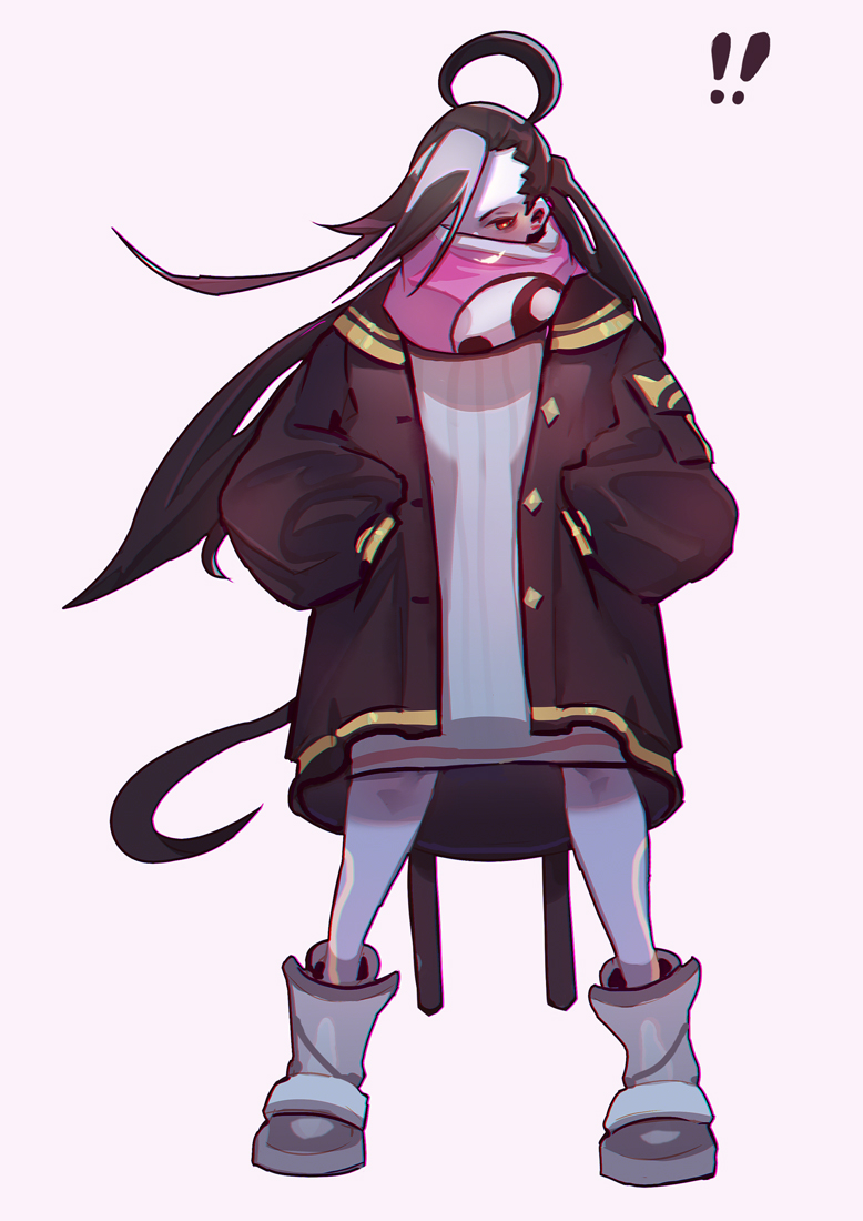 !!, 1girl, black_hair, boots, coat, covered_mouth, dress, hair_over_one_eye