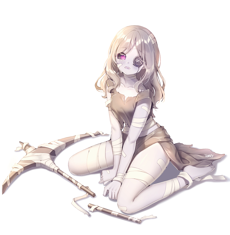 1girl, bandaged_arm, bandaged_leg, bandages, barefoot, between_legs, black_sclera, blush, broken, brown_skirt, brown_tank_top, button_eyes, character_request, collarbone, commentary_request, crying, crying_with_eyes_open, full_body, grey_hair, grey_skirt, hand_between_legs, identity_v, long_hair, parted_lips, pickaxe, shadow, signature, sitting, skirt, solo, strap_slip, tank_top, tears, tempi_(yise426), violet_eyes, wariza, white_background