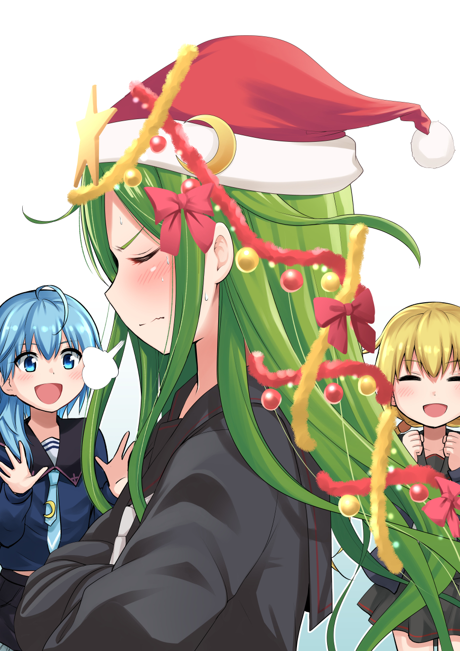 3girls, :d, asymmetrical_hair, black_sailor_collar, black_serafuku, black_skirt, blonde_hair, blue_eyes