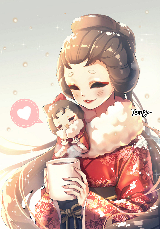 1girl, artist_name, black_eyes, blush, brown_hair, chibi, cup, hair_up
