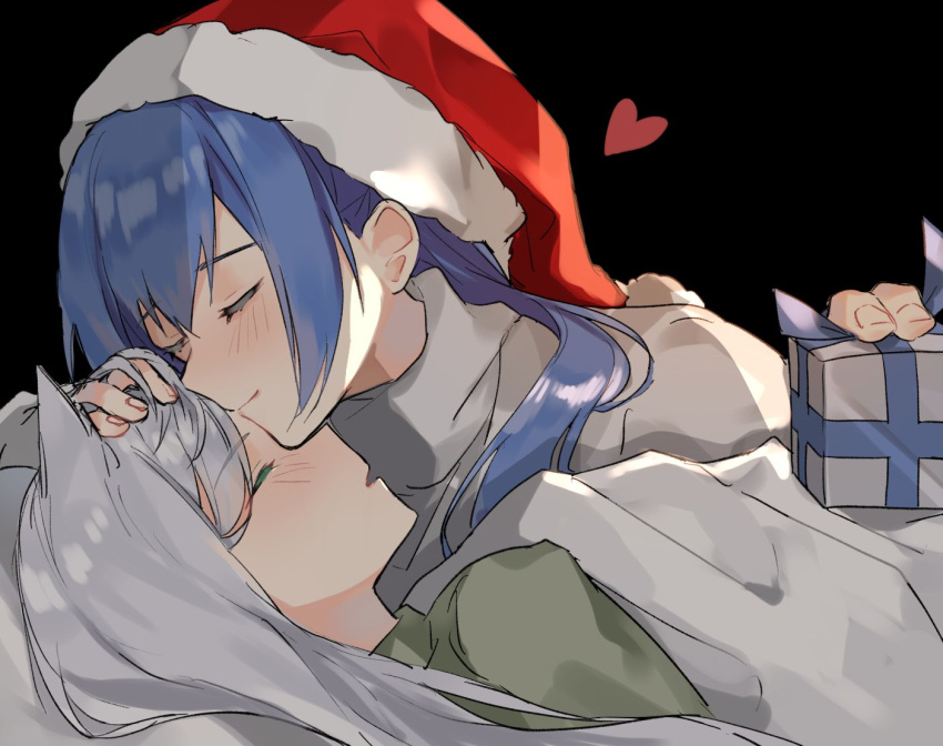 2girls, aogisa, blanket, blue_hair, christmas, christmas_gift, closed_eyes, dp-12_(girls_frontline)