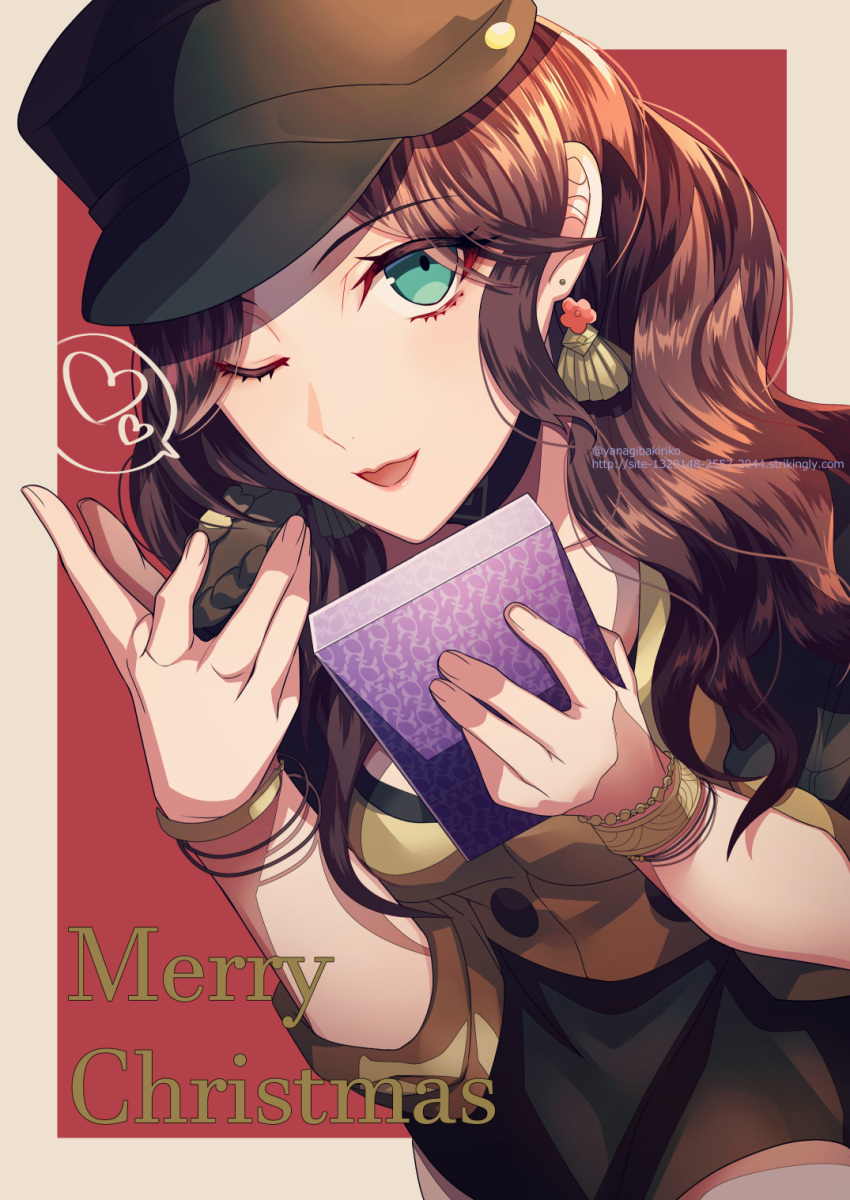 1girl, black_headwear, box, bracelet, brown_hair, dorothea_arnault, earrings, fire_emblem