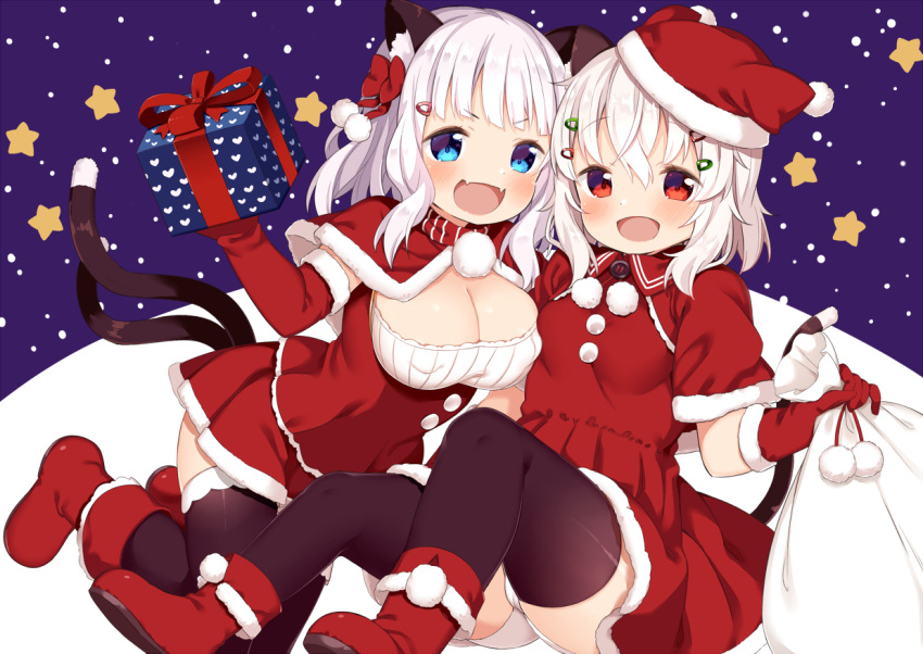 2girls, :d, animal_ear_fluff, animal_ears, bangs, black_legwear, blue_eyes, boots, bow, box, capelet, cat_ears, cat_girl, cat_tail, commentary_request, dress, elbow_gloves, eyebrows_visible_through_hair, fang, fur-trimmed_capelet, fur-trimmed_dress, fur-trimmed_hat, fur-trimmed_sleeves, fur_trim, gift, gift_box, gloves, hair_between_eyes, hair_bow, hair_ornament, hairclip, hat, heart, holding, holding_gift, holding_sack, muku_(muku-coffee), multiple_girls, multiple_tails, open_mouth, original, panties, red_bow, red_capelet, red_dress, red_eyes, red_fur, red_headwear, sack, santa_costume, santa_hat, sheeney_(muku), shiro_(muku), smile, star, tail, thigh-highs, thighhighs_under_boots, two_tails, underwear, white_hair, white_panties