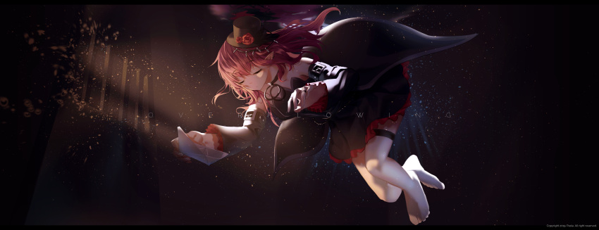 absurdres, bare_shoulders, choker, closed_eyes, elf, floating, flower, hat