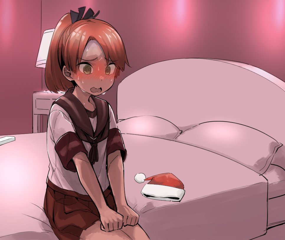 1girl, @_@, bangs, bed, blush, brown_eyes, brown_hair, brown_sailor_collar