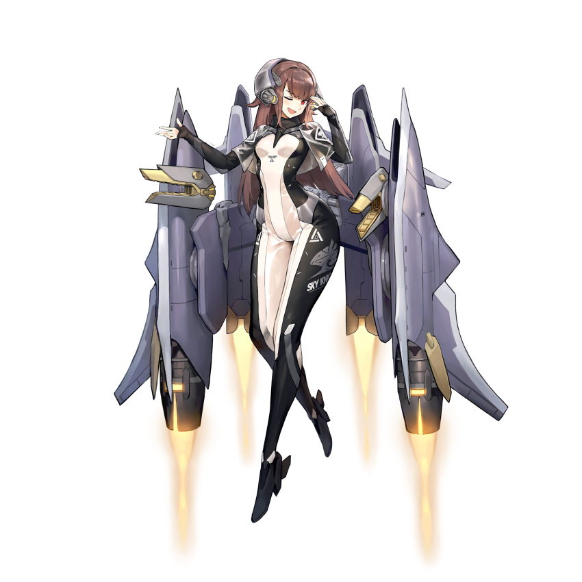 1girl, bangs, blunt_bangs, blush, bodysuit, breasts, brown_hair, full_body, highres, jetpack, kakiman, last_origin, long_hair, looking_at_viewer, official_art, one_eye_closed, open_mouth, p-49_sleipnir, red_eyes, small_breasts, smile, solo, tachi-e, wide_hips