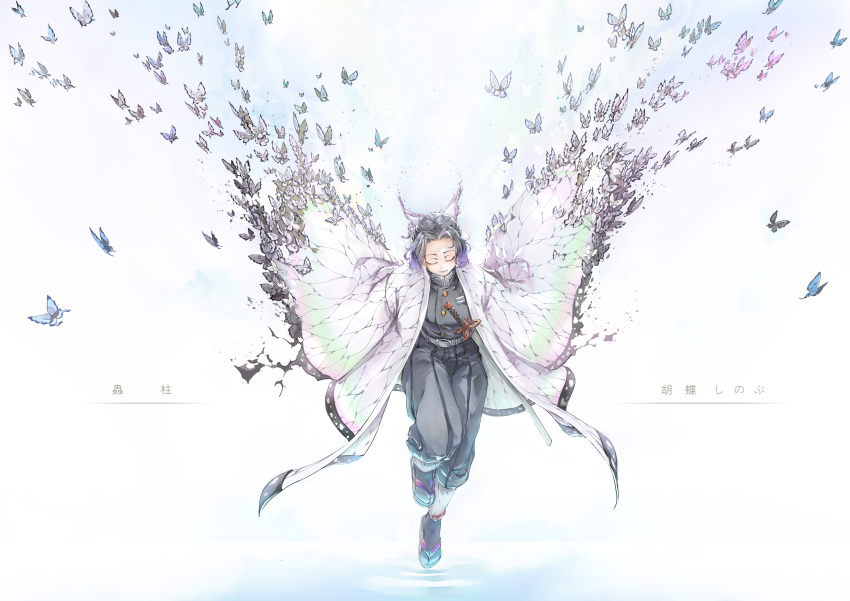 1girl, absurdres, animal_print, bangs, black_footwear, black_hair, black_pants, blue_butterfly, bug, butterfly, butterfly_hair_ornament, butterfly_print, closed_eyes, closed_mouth, dissolving_clothes, facing_viewer, flip-flops, floating, full_body, hair_ornament, haori, highres, insect, japanese_clothes, kimetsu_no_yaiba, kochou_shinobu, long_sleeves, multicolored_hair, pants, parted_bangs, purple_butterfly, purple_hair, ripples, sandals, servati, sleeves_past_fingers, sleeves_past_wrists, smile, solo, sword, tabi, two-tone_hair, uniform, water, weapon, white_background