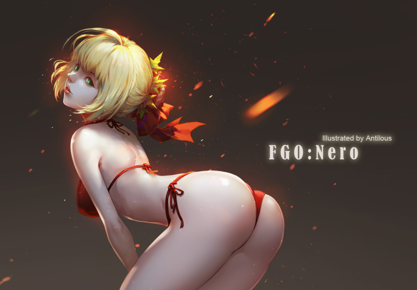 1girl, ahoge, antilous, ass, bangs, bent_over, blonde_hair, blurry