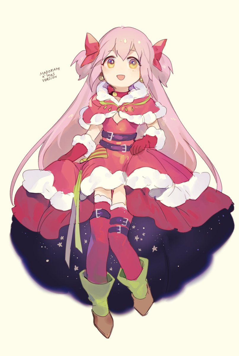 1girl, :d, alternate_costume, arms_at_sides, beige_background, bell, belt, boots, brown_footwear, capelet, character_name, chibi, choker, commentary, dress, english_text, eyebrows_visible_through_hair, eyelashes, floating, frilled_dress, frills, full_body, fur-trimmed_capelet, fur-trimmed_dress, fur-trimmed_gloves, fur-trimmed_legwear, fur_trim, gloves, goddess_madoka, green_footwear, hair_between_eyes, hair_ribbon, happy, highres, jingle_bell, jingle_bell_earrings, kaname_madoka, long_dress, long_hair, looking_at_viewer, mahou_shoujo_madoka_magica, night, night_sky, no_nose, open_mouth, pink_hair, red_capelet, red_choker, red_dress, red_gloves, red_legwear, red_neckwear, red_ribbon, ribbon, santa_costume, shiny, shiny_hair, sidelocks, simple_background, sky, smile, solo, star, star_(sky), starry_sky, straight_hair, symbol_commentary, thigh-highs, two-tone_footwear, two_side_up, velahka, very_long_hair, yellow_eyes, zettai_ryouiki