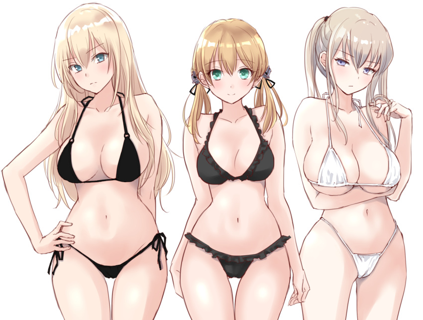 3girls, aqua_eyes, bad_anatomy, bad_arm, bad_proportions, bikini, bismarck_(kantai_collection), black_bikini, blonde_hair, blue_eyes, breasts, collarbone, eyebrows_visible_through_hair, graf_zeppelin_(kantai_collection), hair_between_eyes, highres, kantai_collection, large_breasts, long_hair, low_twintails, multiple_girls, navel, prinz_eugen_(kantai_collection), sidelocks, simple_background, smile, swimsuit, twintails, u0709, violet_eyes, white_background, white_bikini