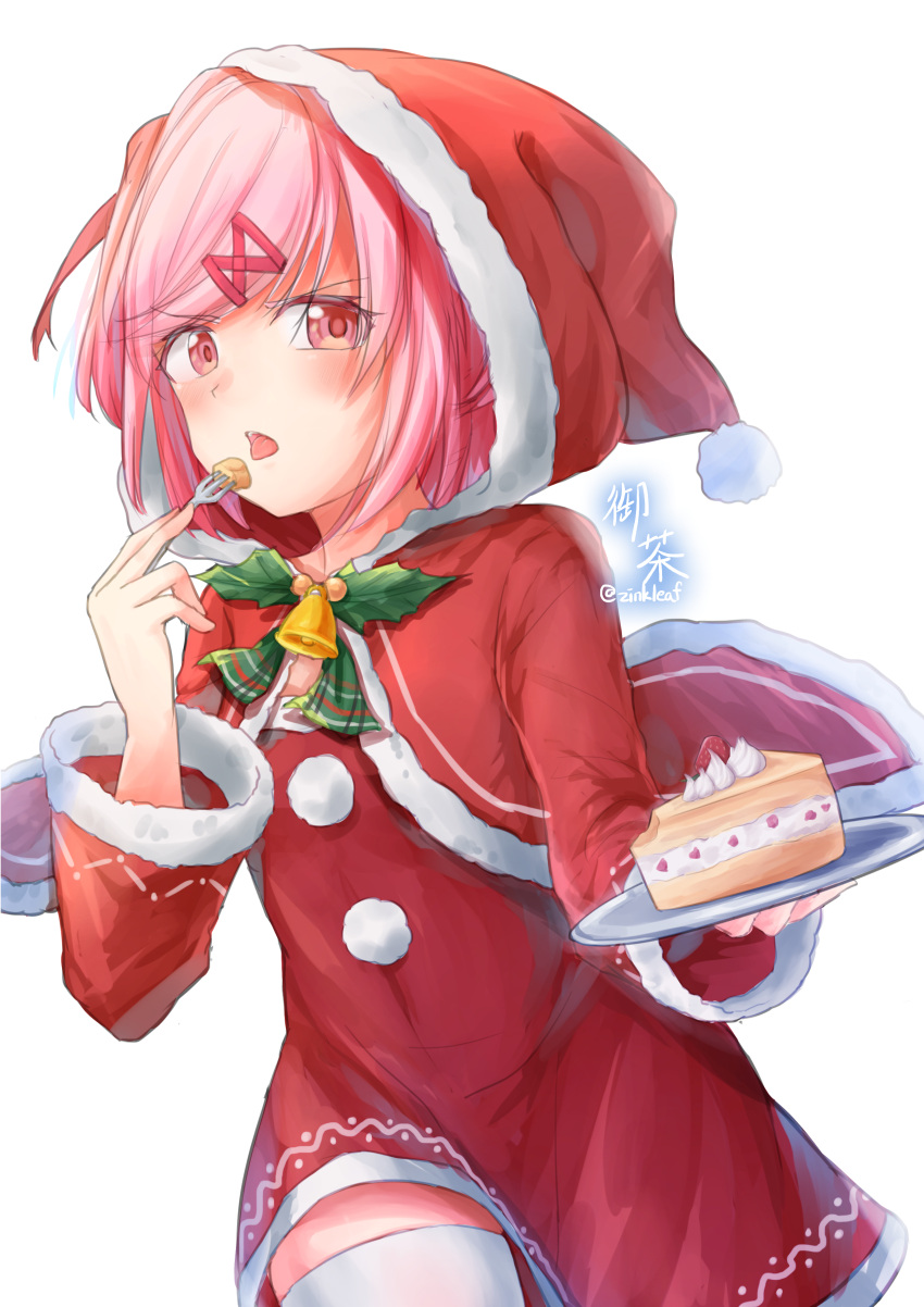 1girl, absurdres, blush, cake, christmas, doki_doki_literature_club, eyebrows_visible_through_hair, food