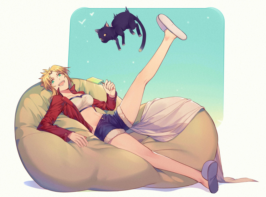 1girl, :d, absurdres, bandeau, bean_bag_chair, black_cat, blonde_hair, breasts