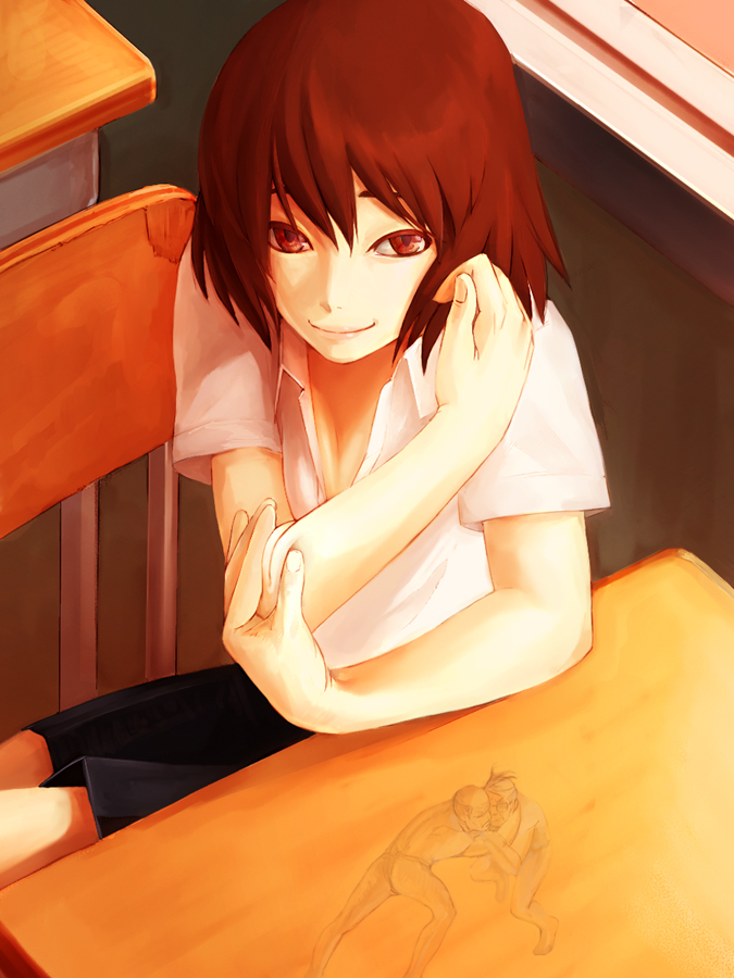 brown_hair, kurohachi, red_eyes, school_desk, short_hair, smile, sumo