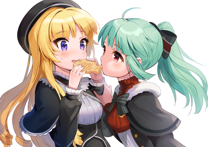 2girls, ahoge, bangs, battle_girl_high_school, beret, black_bow, black_capelet, black_headwear
