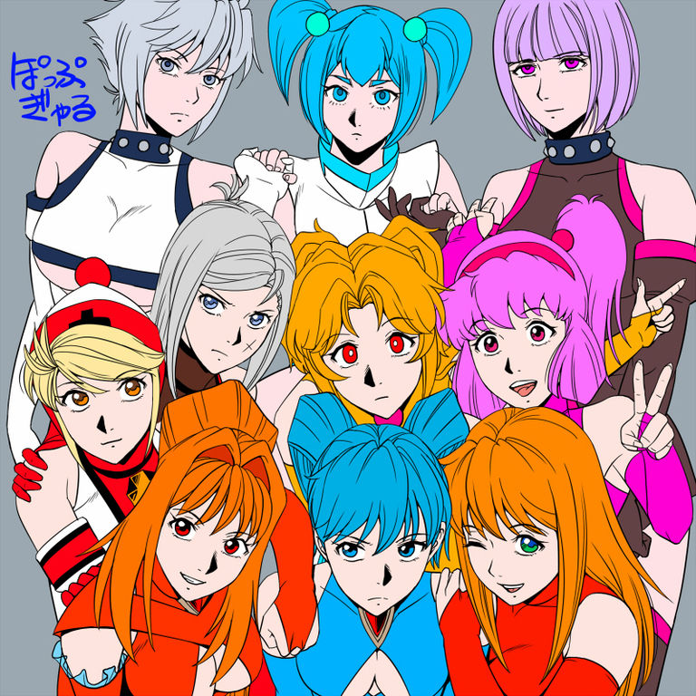 akane, aoi, beanie, blonde_hair, blue_eyes, blue_hair, breasts, choker, evo, facial_scar, food, fruit, ginka, green_eyes, grey_eyes, grey_hair, hat, headband, kogane, koume, kuroe, lavender_hair, lemon, momo, mots, orange_hair, original, ponytail, purple_hair, red_eyes, scar, scar_on_cheek, shiraki, twintails, under_boob, violet_eyes