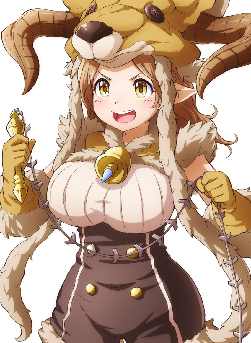 1girl, :d, animal_hat, bell, breasts, brown_gloves, brown_hair, cowboy_shot