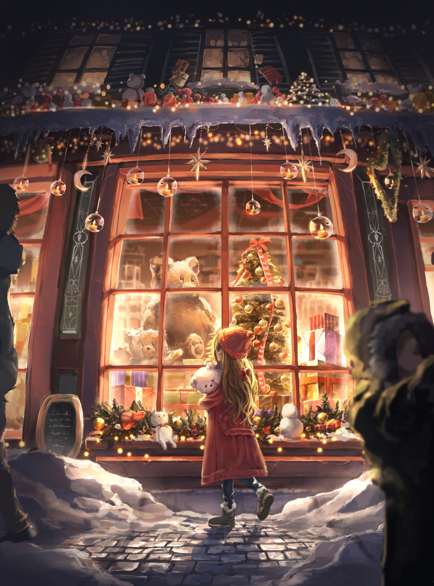 1girl, absurdres, beanie, black_footwear, black_hair, boots, bow, box, candle, child, christmas, christmas_lights, christmas_ornaments, christmas_tree, coat, commentary_request, from_behind, gift, gift_box, hair_bow, hat, highres, holding, holding_stuffed_animal, long_hair, multiple_others, night, nogi_momoko, original, outdoors, pants, red_bow, red_coat, red_headwear, red_ribbon, ribbon, snow, solo_focus, stone_walkway, storefront, stuffed_animal, stuffed_toy, teddy_bear, toy_store, walking, window, winter