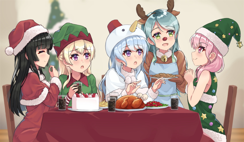 5girls, :o, ^_^, animal_costume, animal_ears, antlers, apron, aqua_hair