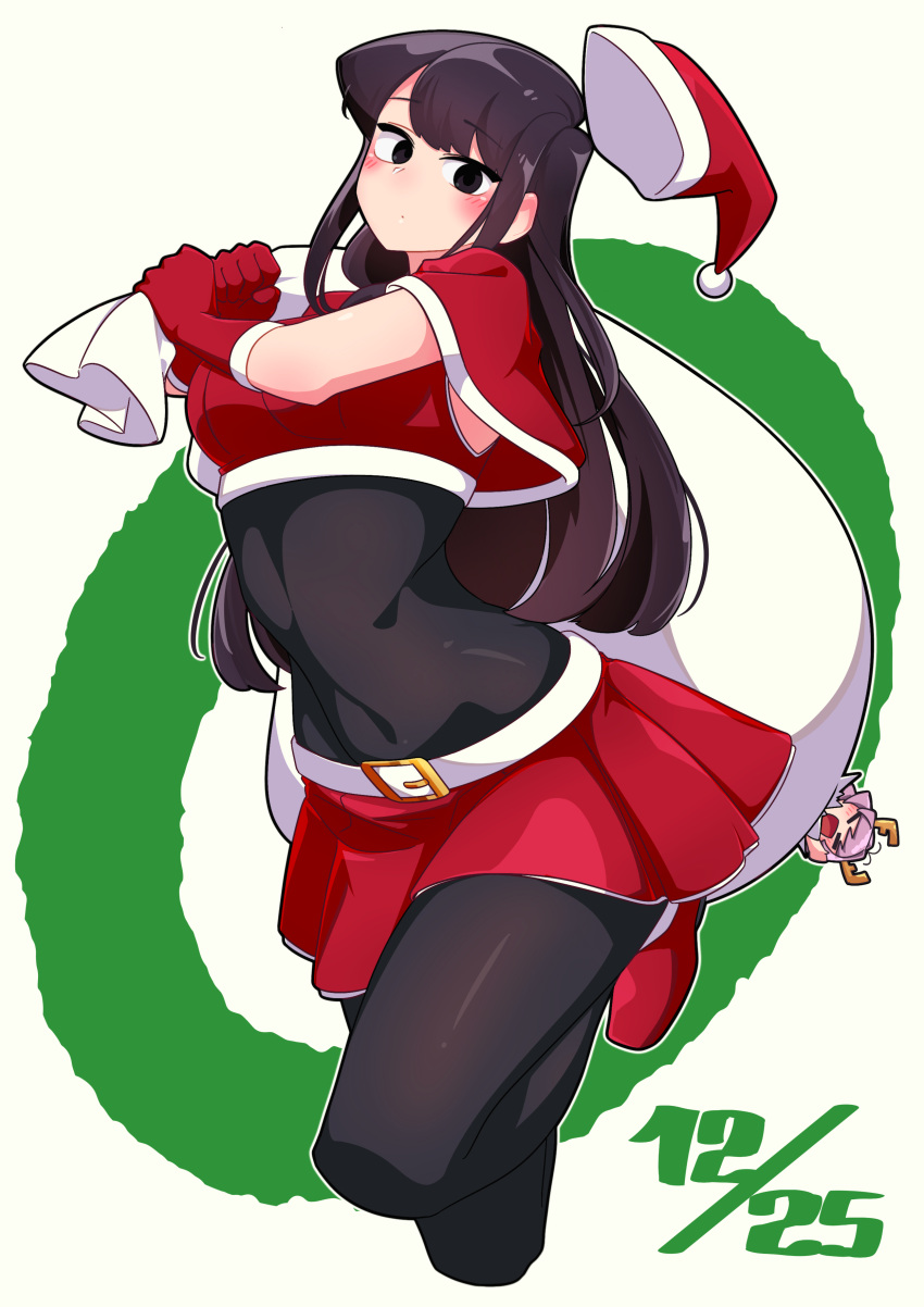 1girl, absurdres, antlers, asymmetrical_bangs, bangs, belt, black_eyes, black_hair, blush, bodystocking, capelet, christmas, covered_navel, dated, degraded_ice, gloves, hat, highres, komi-san_wa_komyushou_desu, komi_shouko, long_hair, red_capelet, red_footwear, red_gloves, red_skirt, reindeer_antlers, santa_costume, santa_hat, skirt, solo