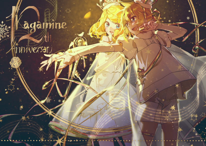 1boy, 1girl, anniversary, back-to-back, bangs, bird, black_background, blonde_hair
