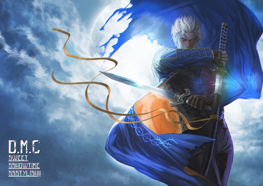 1boy, black_pants, blue_coat, coat, devil_may_cry, devil_may_cry_(series), devil_may_cry_3, dual_wielding
