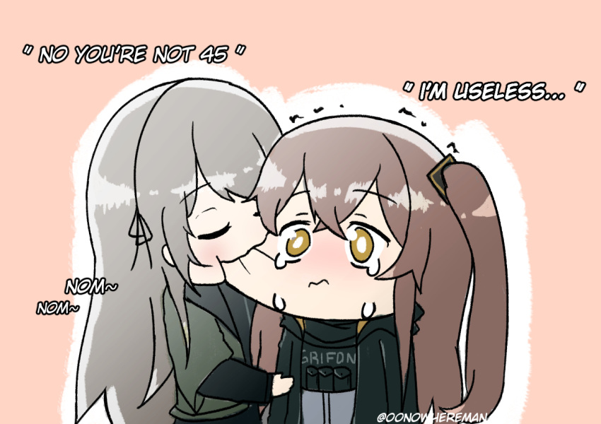 00nowhereman, 2girls, biting, black_jacket, brown_hair, cheek_biting, closed_eyes, closed_mouth