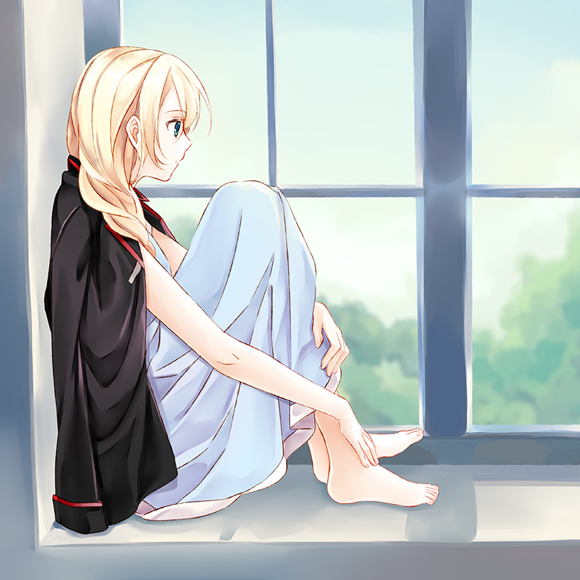 1girl, alternate_hairstyle, bangs, barefoot, black_jacket, blonde_hair, blue_dress, blue_eyes