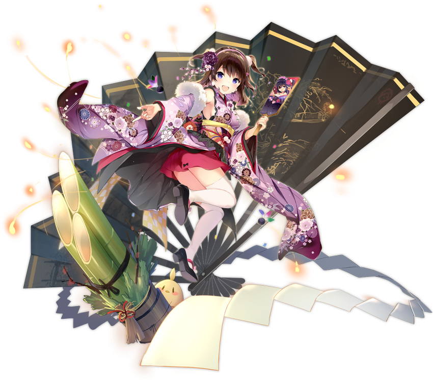 1girl, :d, alternate_costume, armpits, azur_lane, bamboo, bird, blush