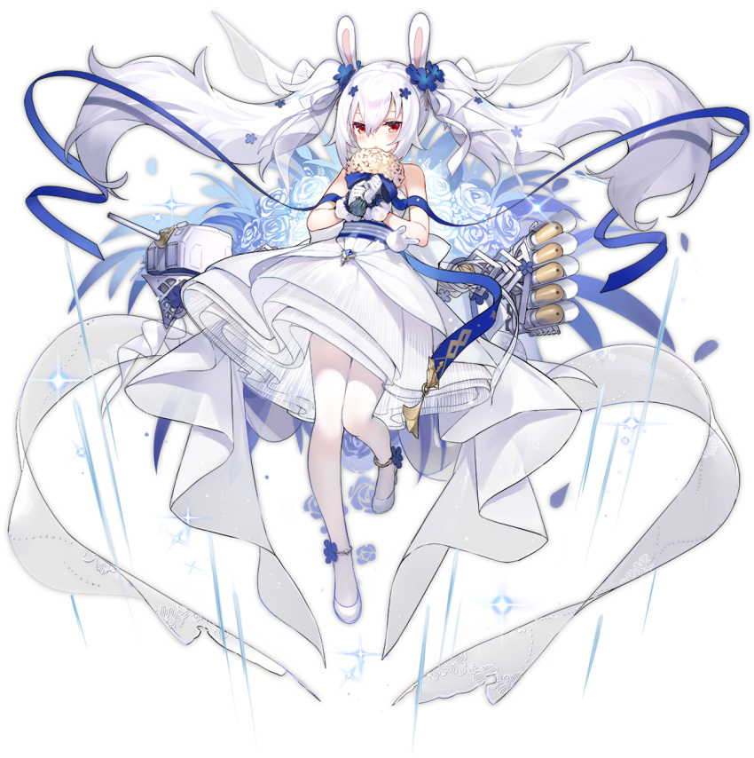 1girl, azur_lane, bare_shoulders, blue_flower, blue_ribbon, bouquet, bunny_hair_ornament, dress