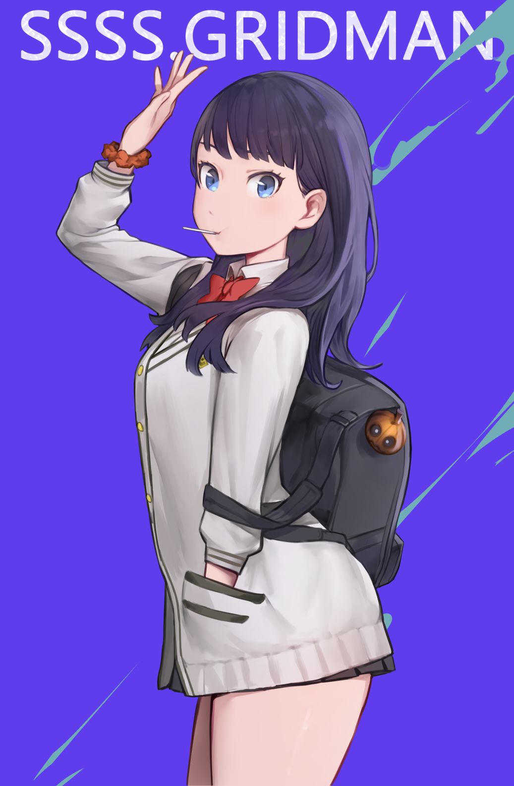 1girl, arm_up, bag_charm, black_skirt, blazer, blue_eyes, candy, charm_(object)