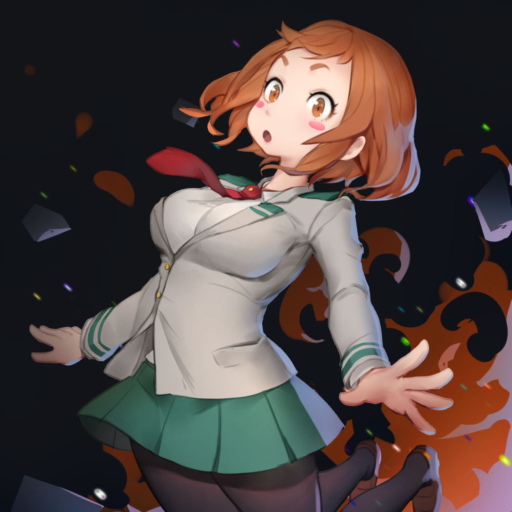 1girl, :o, black_background, black_legwear, blush_stickers, boku_no_hero_academia, breasts, brown-eared_bulbul, brown_hair, green_skirt, jumping, large_breasts, loafers, necktie, neon.p, pantyhose, red_neckwear, shoes, skirt, solo, uniform, uraraka_ochako, wide-eyed