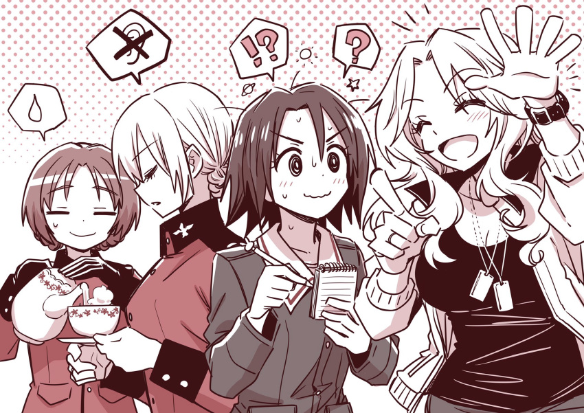 cup, darjeeling_(girls_und_panzer), epaulettes, girls_und_panzer, highres, hone_(honehone083), jacket, kay_(girls_und_panzer), long_hair, long_sleeves, long_spout_teapot, military, military_uniform, multiple_girls, notepad, ooarai_military_uniform, open_mouth, orange_pekoe_(girls_und_panzer), pen, saucer, sawa_azusa, short_hair, smile, st._gloriana's_military_uniform, tea, tea_set, teacup, teapot, uniform