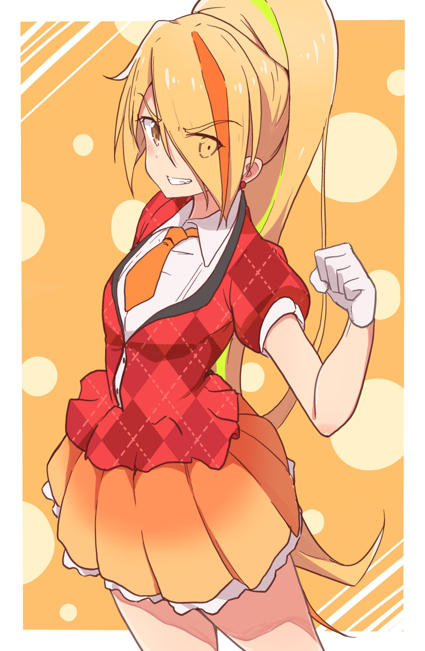 1girl, absurdres, argyle, argyle_jacket, blonde_hair, cbgb, clenched_hand, cowboy_shot