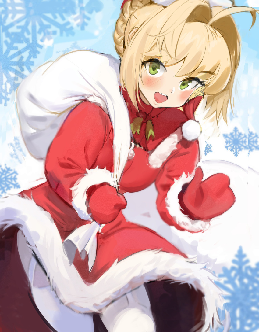 1girl, absurdres, ahoge, blonde_hair, bloop, blush, breasts, christmas