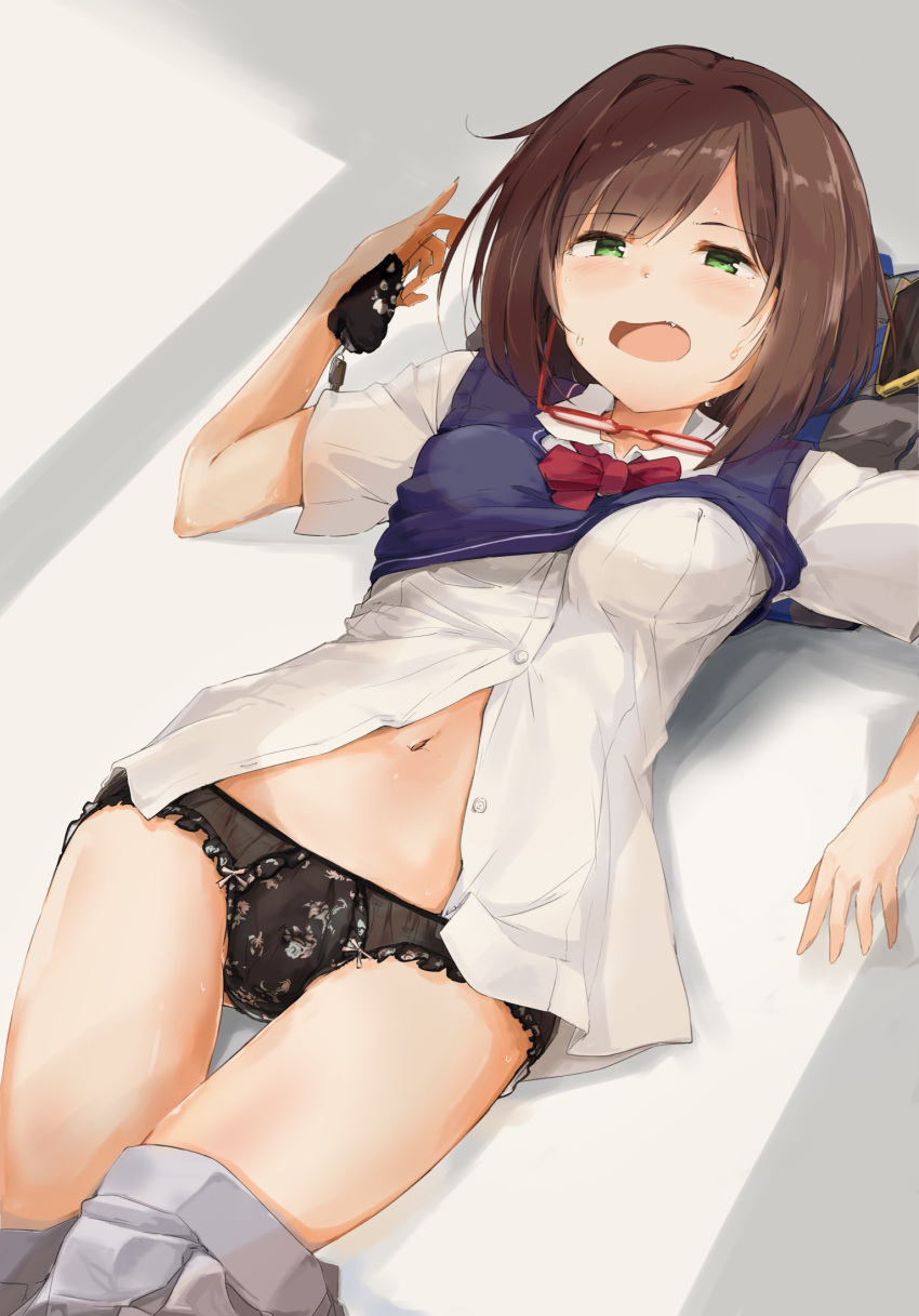 1girl, black_panties, blue_sweater, blush, bow, bow_panties, bowtie, commentary_request