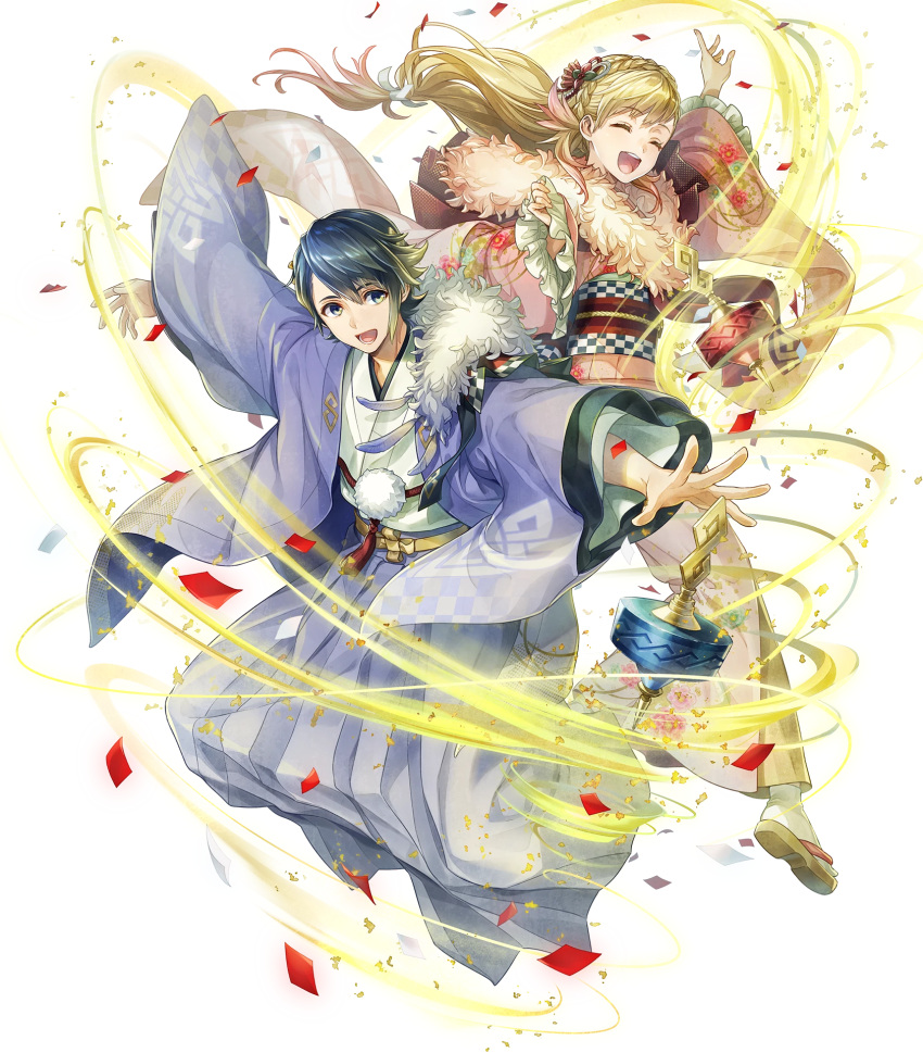 1boy, 1girl, alfonse_(fire_emblem), argon_(exys), bangs, blonde_hair, blue_eyes, blue_hair