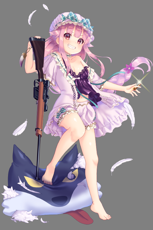 1girl, bangs, barefoot, breasts, feathers, full_body, glint, grey_background