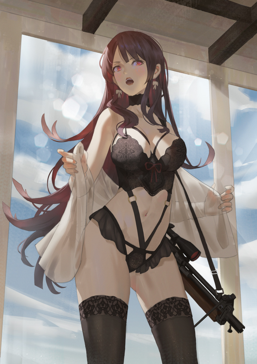 1girl, absurdres, bangs, bipod, black_choker, black_legwear, blush, breasts