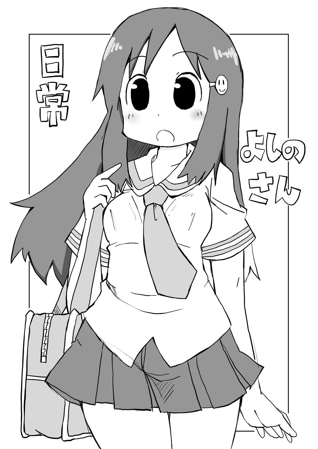 1girl, bag, bangs, blush, breasts, copyright_name, cowboy_shot, eyebrows_visible_through_hair, frame, greyscale, hair_ornament, hand_up, highres, long_hair, monochrome, naganohara_yoshino, necktie, nichijou, open_mouth, pleated_skirt, sailor_collar, school_uniform, short_sleeves, simple_background, skirt, smiley_face, solo, standing, thighs, translation_request, white_background, zubatto_(makoto)