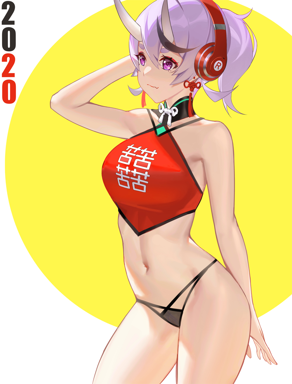 1girl, 2020, arm_up, bare_hips, bare_shoulders, bikini_bottom, black_bikini_bottom, black_hair