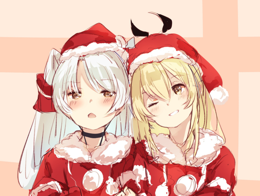2girls, :o, ;d, alternate_costume, amatsukaze_(kantai_collection), bangs, black_choker, blush