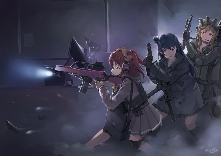 3girls, black_gloves, black_hair, brown_eyes, brown_hair, commentary, counter-strike, english_commentary