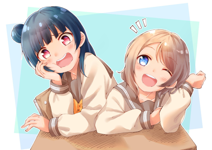 2girls, ;d, black_hair, blue_eyes, brown_hair, commentary_request, eyebrows_visible_through_hair, hair_bun, highres, long_hair, long_sleeves, looking_at_viewer, love_live!, love_live!_sunshine!!, multiple_girls, naribee_(nton1263), one_eye_closed, open_mouth, red_eyes, school_uniform, short_hair, smile, teeth, tsushima_yoshiko, upper_teeth, uranohoshi_school_uniform, watanabe_you