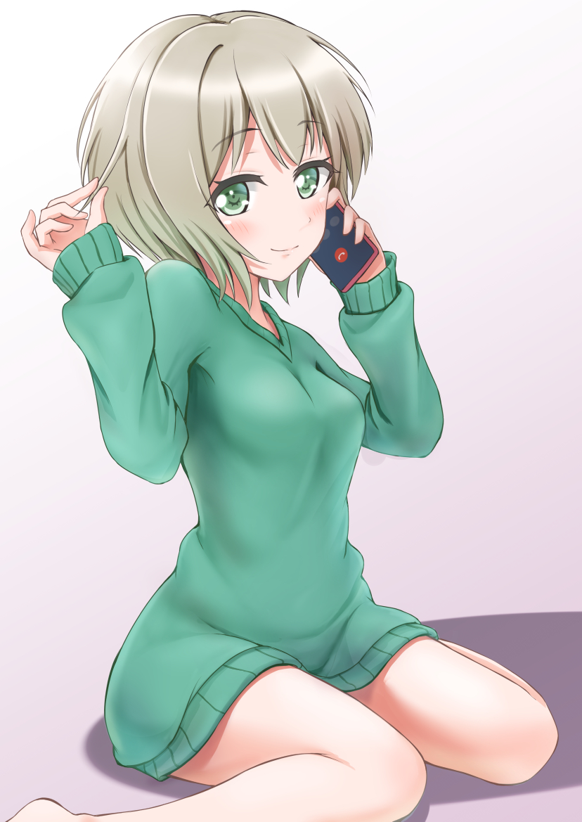 aoba_moca, bang_dream!, blush, breasts, brown_hair, cellphone, commentary_request, eyebrows_visible_through_hair