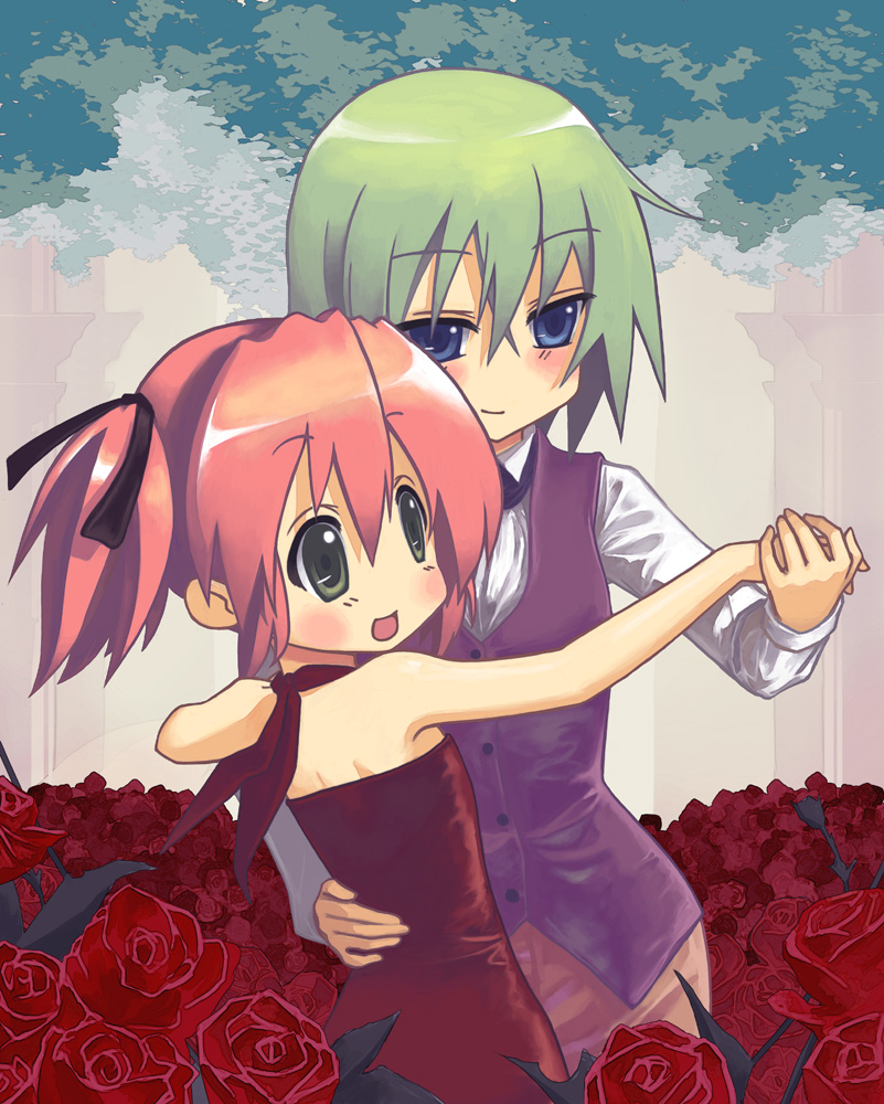 bare_shoulders, blue_eyes, dancing, green_eyes, green_hair, iwasaki_minami, kobayakawa_yutaka, kuoting, lucky_star, multiple_girls, pink_hair, rose, short_twintails, twintails