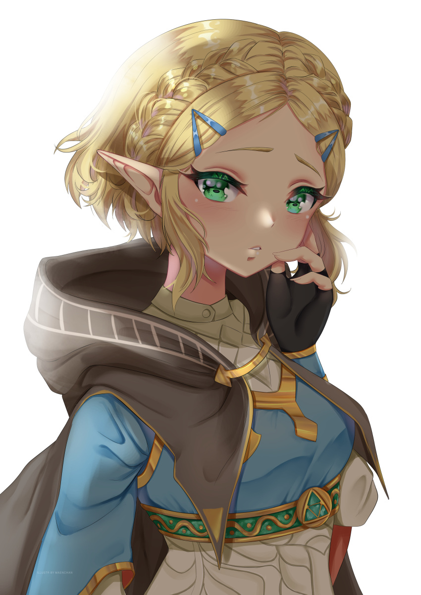 1girl, absurdres, alternate_eye_color, artist_request, bangs, black_cape, black_gloves, blonde_hair