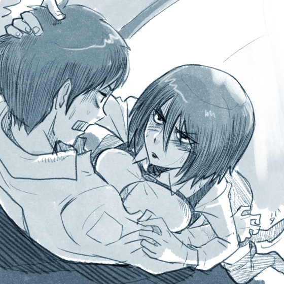 1boy, 1girl, breasts, commentary_request, eren_yeager, girl_on_top, large_breasts, mikasa_ackerman