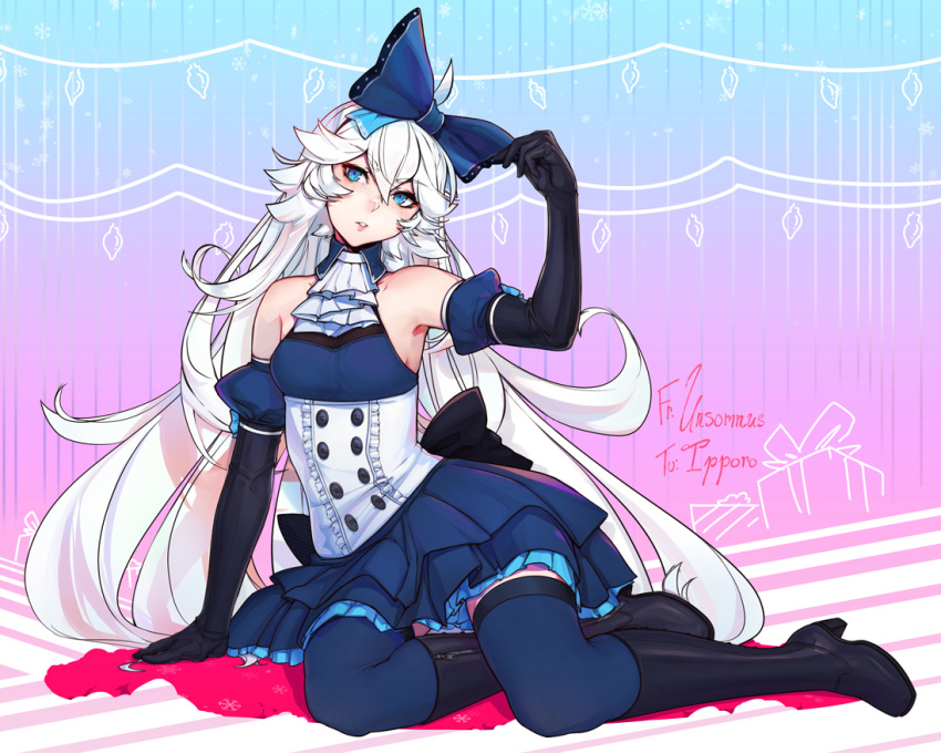 1girl, black_gloves, blue_bow, blue_eyes, blue_legwear, boots, borrowed_character, bow