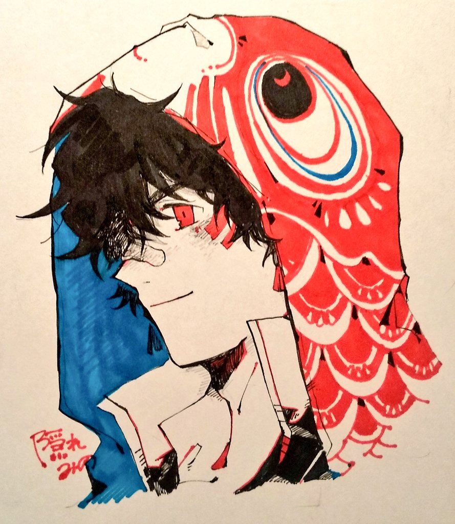 1boy, animal_print, bandaid, bandaid_on_nose, black_hair, closed_mouth, fish_print, hood, hood_up, injury, ink_(medium), kakuremino_(mnt55), male_focus, marker_(medium), original, red_eyes, scratches, signature, smile, solo, traditional_media