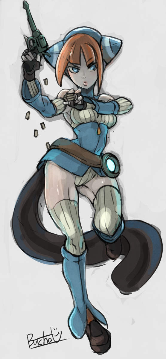 1girl, black_footwear, black_gloves, blue_eyes, breasts, breath_of_fire, breath_of_fire_v, bullet, butcha-u, character_request, copyright_request, corset, detached_collar, detached_sleeves, fingerless_gloves, full_body, gloves, gun, handgun, helmet, highres, holding, holding_gun, holding_weapon, leg_warmers, leotard, leotard_under_clothes, lin_(breath_of_fire), looking_at_viewer, medium_breasts, orange_hair, pistol, reloading, revolver, ribbed_legwear, ribbed_leotard, ribbed_sleeves, shell_casing, short_hair, solo, speedloader, tail, thighs, trigger_discipline, weapon